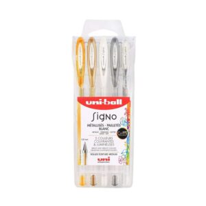 Mitsubishi Pencil - 5 Stylos Rollers Encre Gel - Uni-Ball Signo - Couleurs Pailletées - Pointe 1 mm - Écriture Large - Rollers Créatifs pour Carterie et Loisirs Créatifs