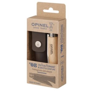OPINEL - N°08 Inox et Étui Alpine - Couteau Pliant de Poche Bois - Couteau de Poche Lame Yatagan en Acier Inoxydable - Inox 8,5 cm et Manche en Bois de Hêtre