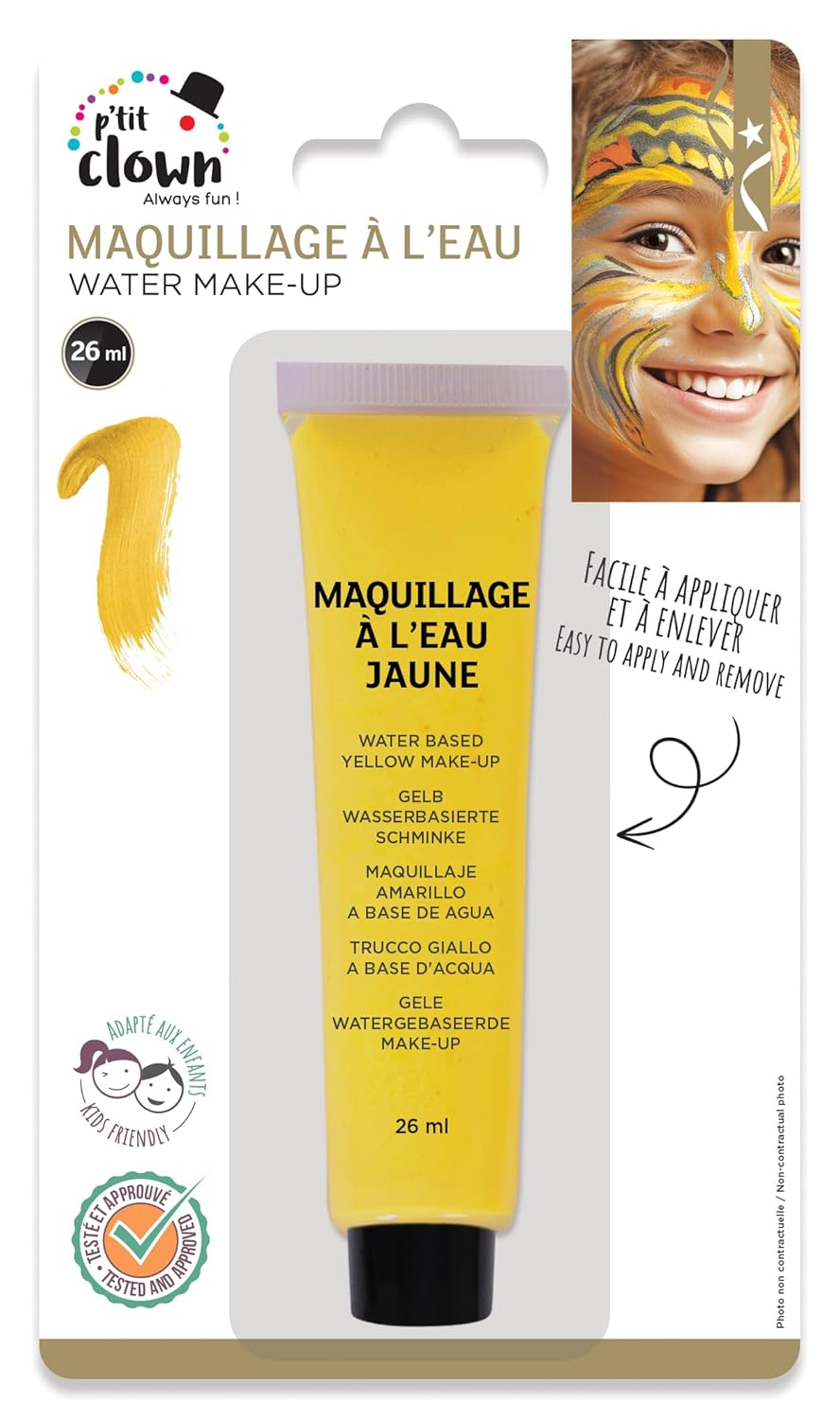 P'TIT CLOWN - Fard à l'Eau avec Pinceau - Maquillage Déguisement - Make-up - Adulte - Peinture Visage - Lavable - Non Toxique - Halloween, Carnaval, Anniversaire, Cosplay, Kermesse (Jaune, 26 ml)