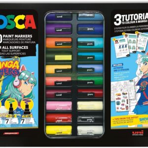 POSCA - Mitsubishi Pencil - Mallette Métal Manga Hero - 20 Marqueurs Peinture Acrylique - 3 Tutos - 1 Poster A3-11 Stickers - Pointes PC-1M PC-3M PC-5M