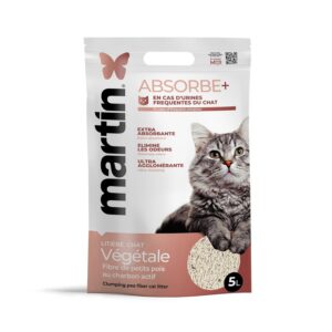 Litière Agglomérante Naturelle Chat Martin Sellier ABSORBE+ 5 L - 4 Sacs de 5L - Charbon Actif - Ultra Absorbante, sans Poussière, Jetable Toilettes, Biodégradable, Odeurs Neutralisées