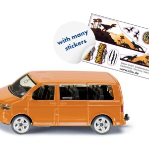siku 1070, VW T5 Multivan avec Autocollants Dino, Métal/plastique, Orange, Hayon arrière ouvrable, Attelage de remorque
