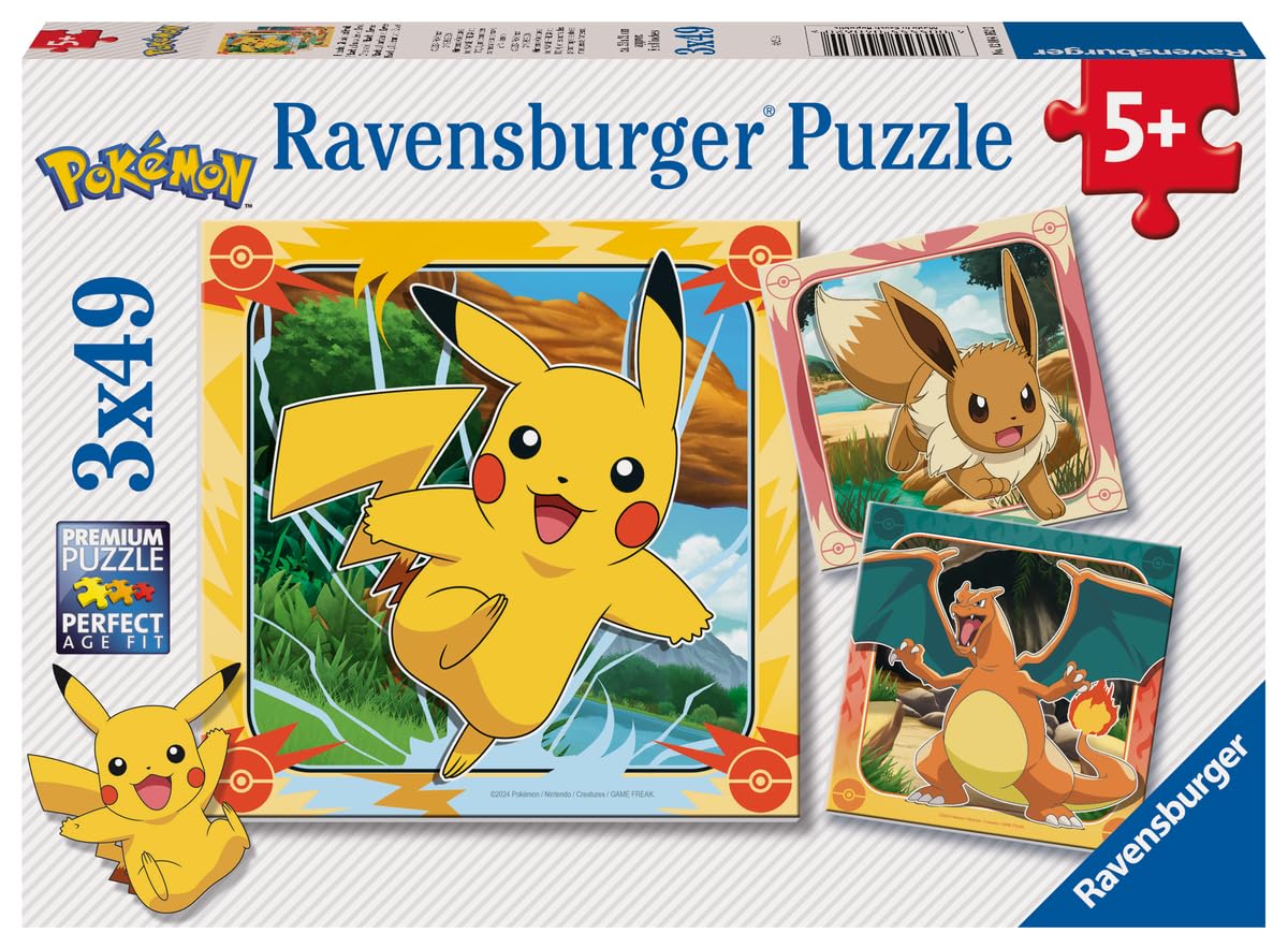 Ravensburger - Puzzle Enfant - Lot de 3 Puzzles 49 pièces - Pikachu, Dracaufeu et Evoli/Pokémon - Fille ou garçon dès 5 Ans - Puzzle de qualité supérieure - 3 Posters Inclus - 12004062