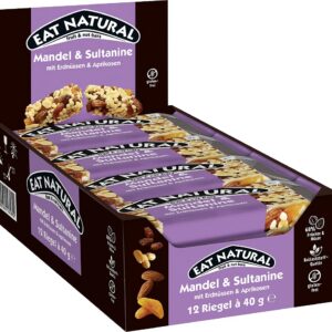 EAT NATURAL - Barres sans gluten - Amandes, raisins secs, abricots & cacahuètes - 12 barres de 40g