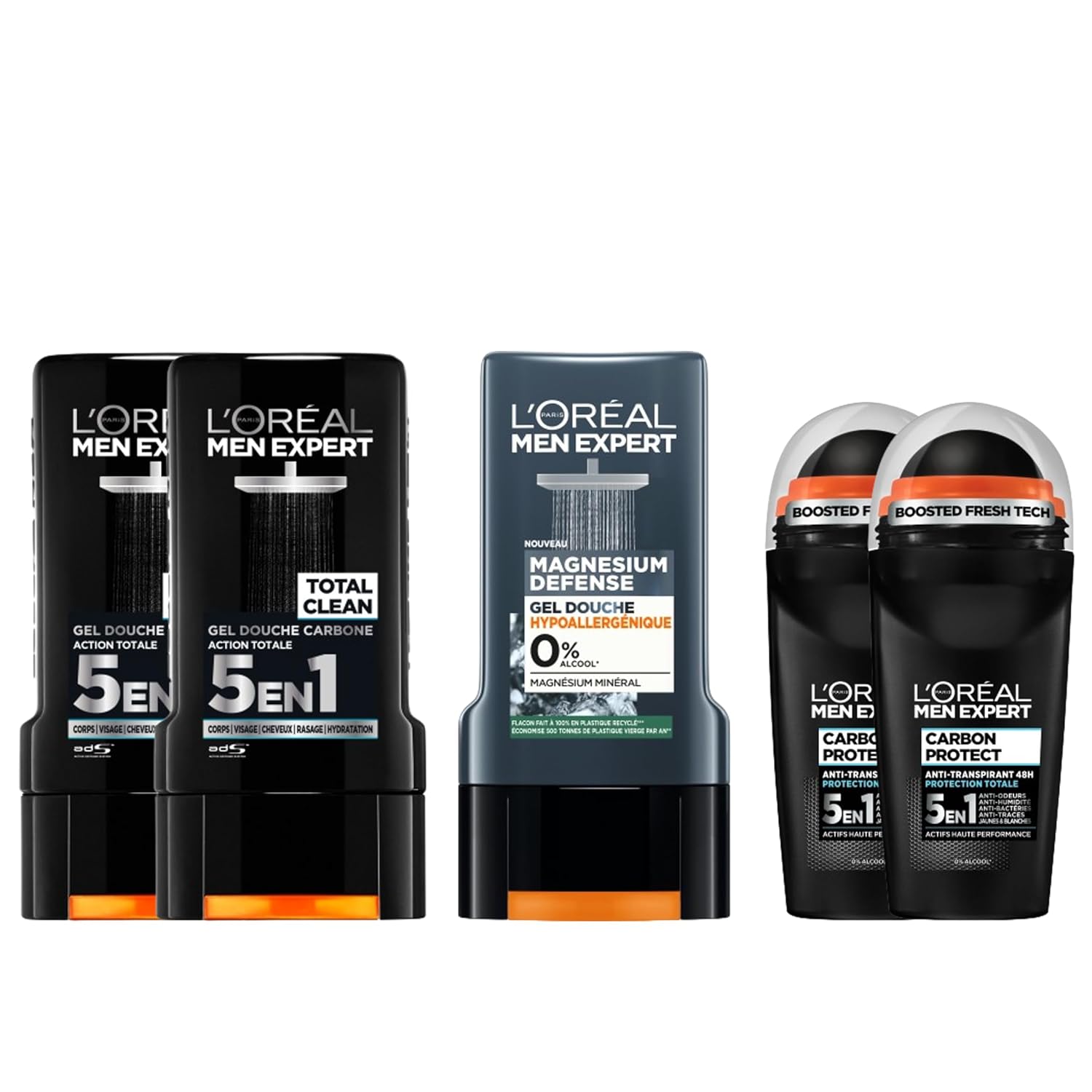 L'Oréal Men Expert - Routine Gel Douche & Déodorant Homme - 2x Gel douche Action Totale, 1x Gel Douche Magnesium Defense, 2x Déodorant Carbon Protect