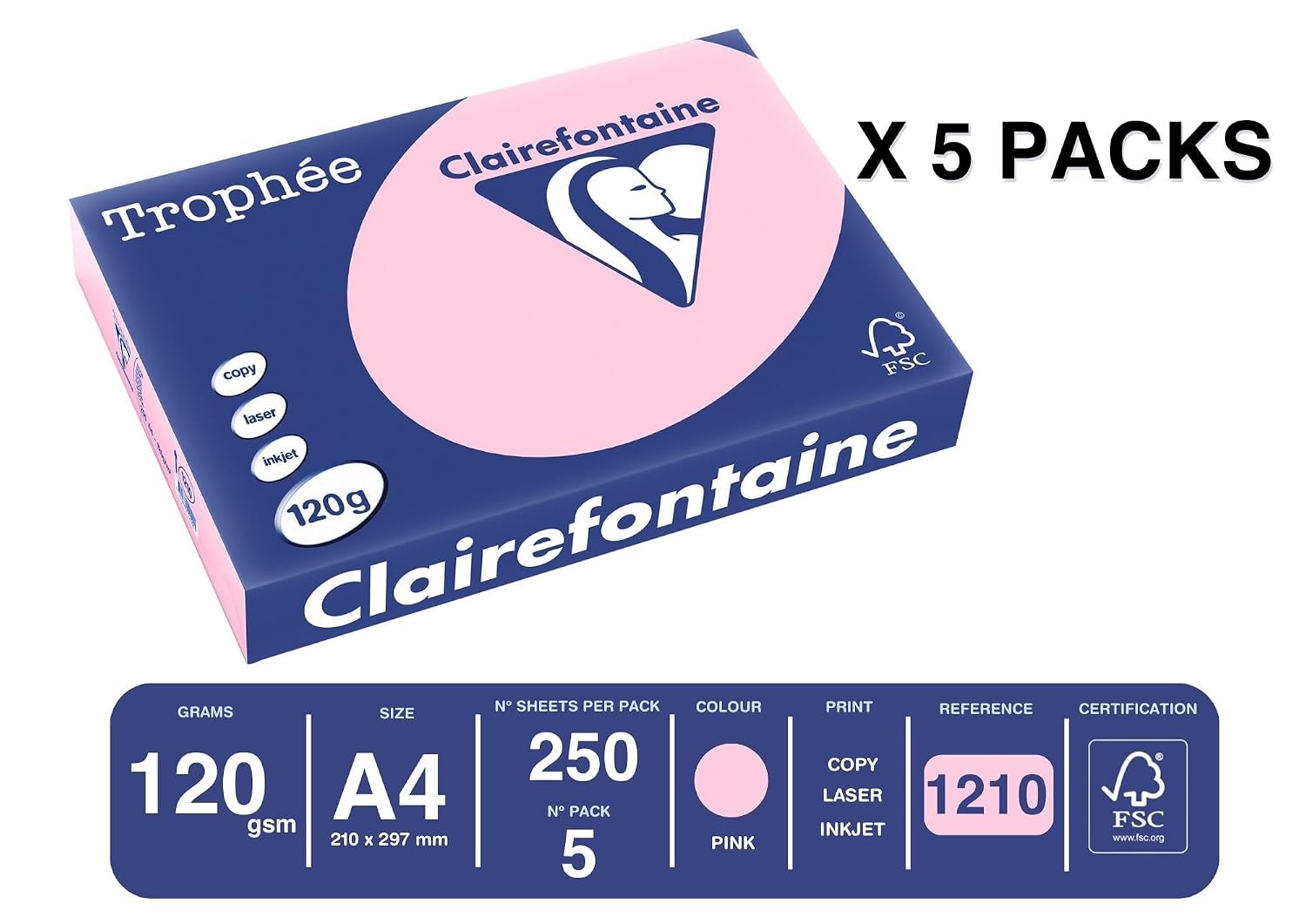 Clairefontaine - Réf. 1210C – 1250 feuilles de papier couleur au format A4 - Trophée 120 g/m² – Carton contenant 5 ramettes de 250 feuilles – Couleur rose – Image 2