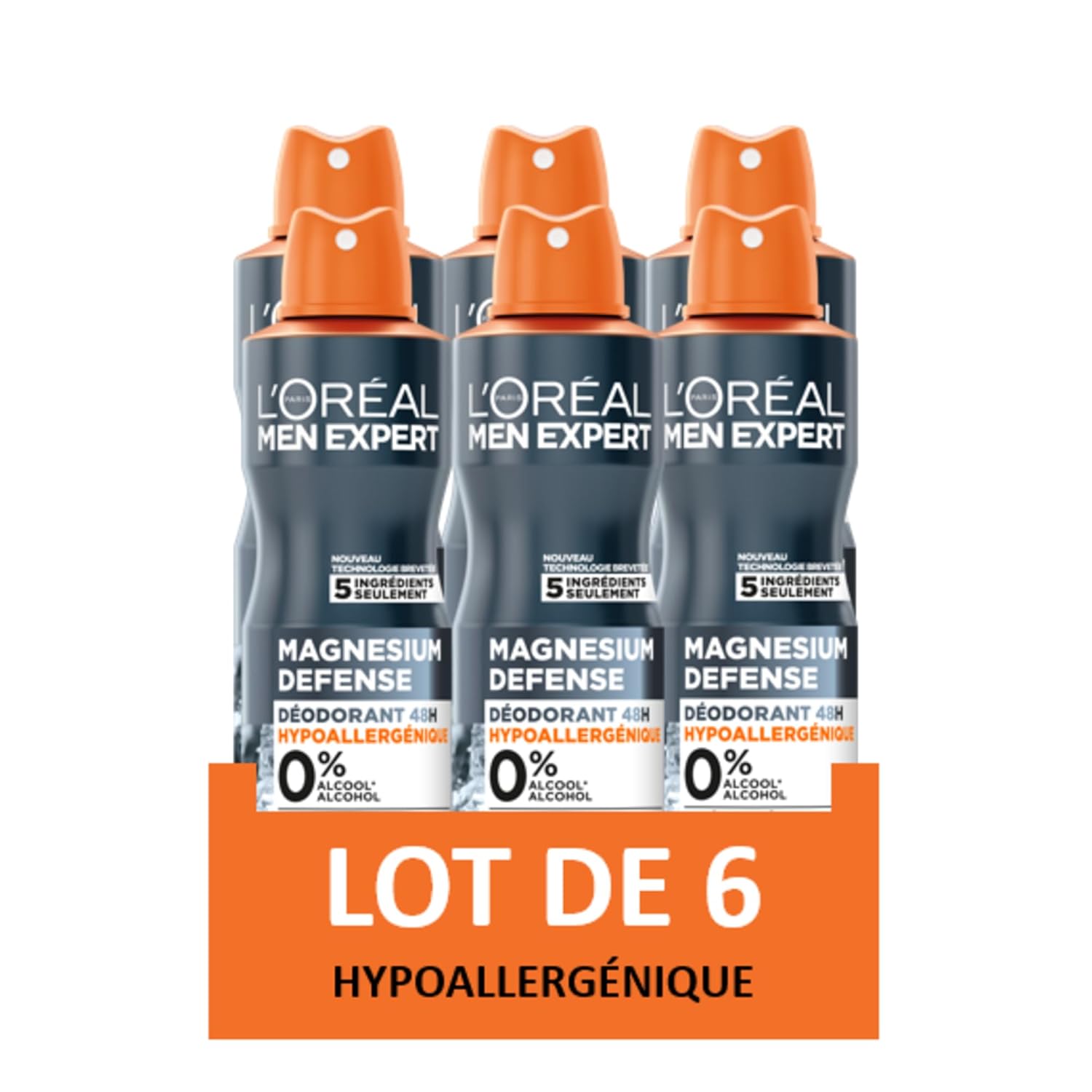 L'Oréal Men Expert Magnesium Defense Déodorant Spray 48h Hypoallergénique 0% Lot de 6 x 150ml
