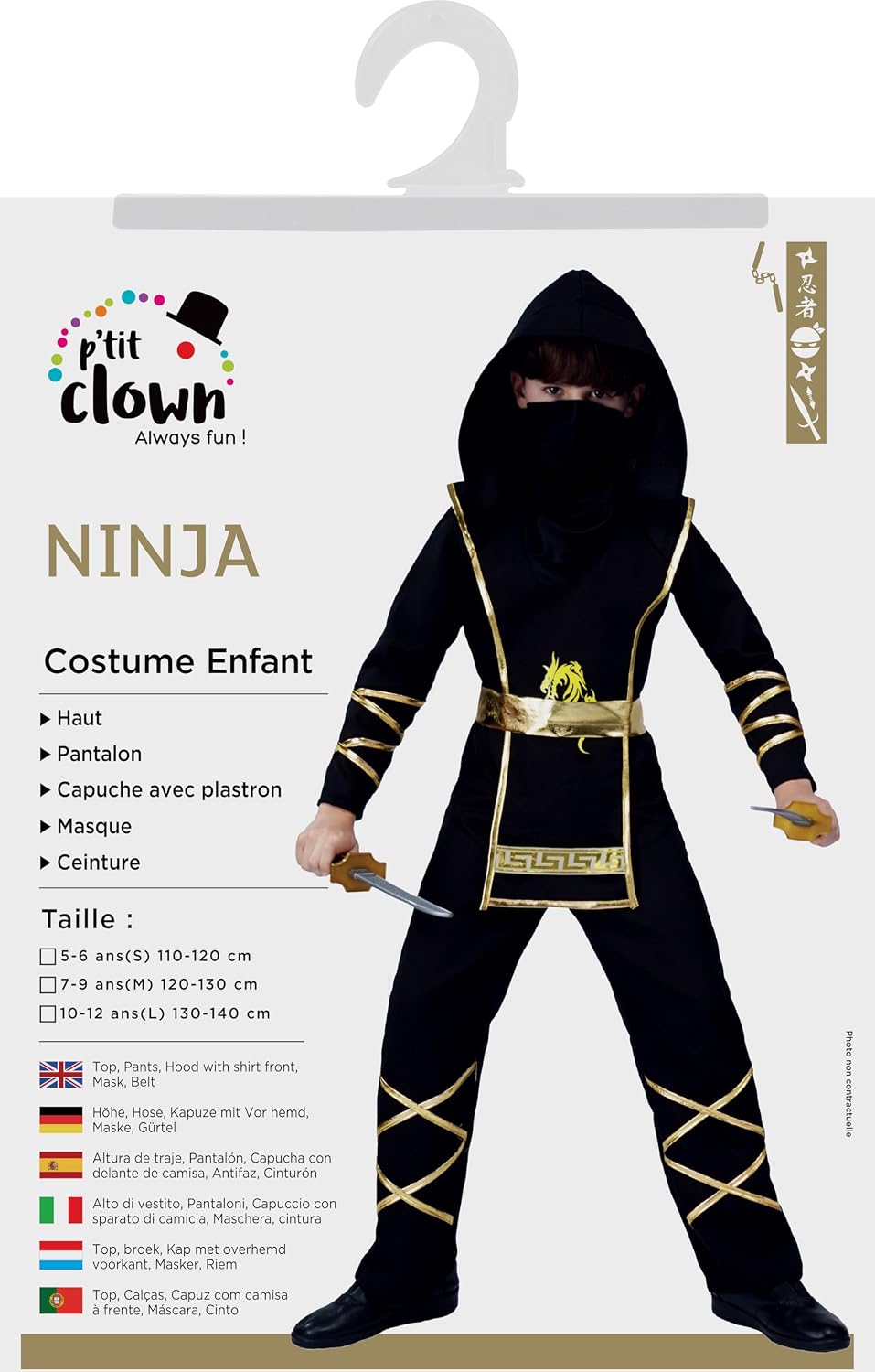 P'TIT CLOWN — Déguisement Ninja Enfant Noir Or 5-6 ans – Image 2