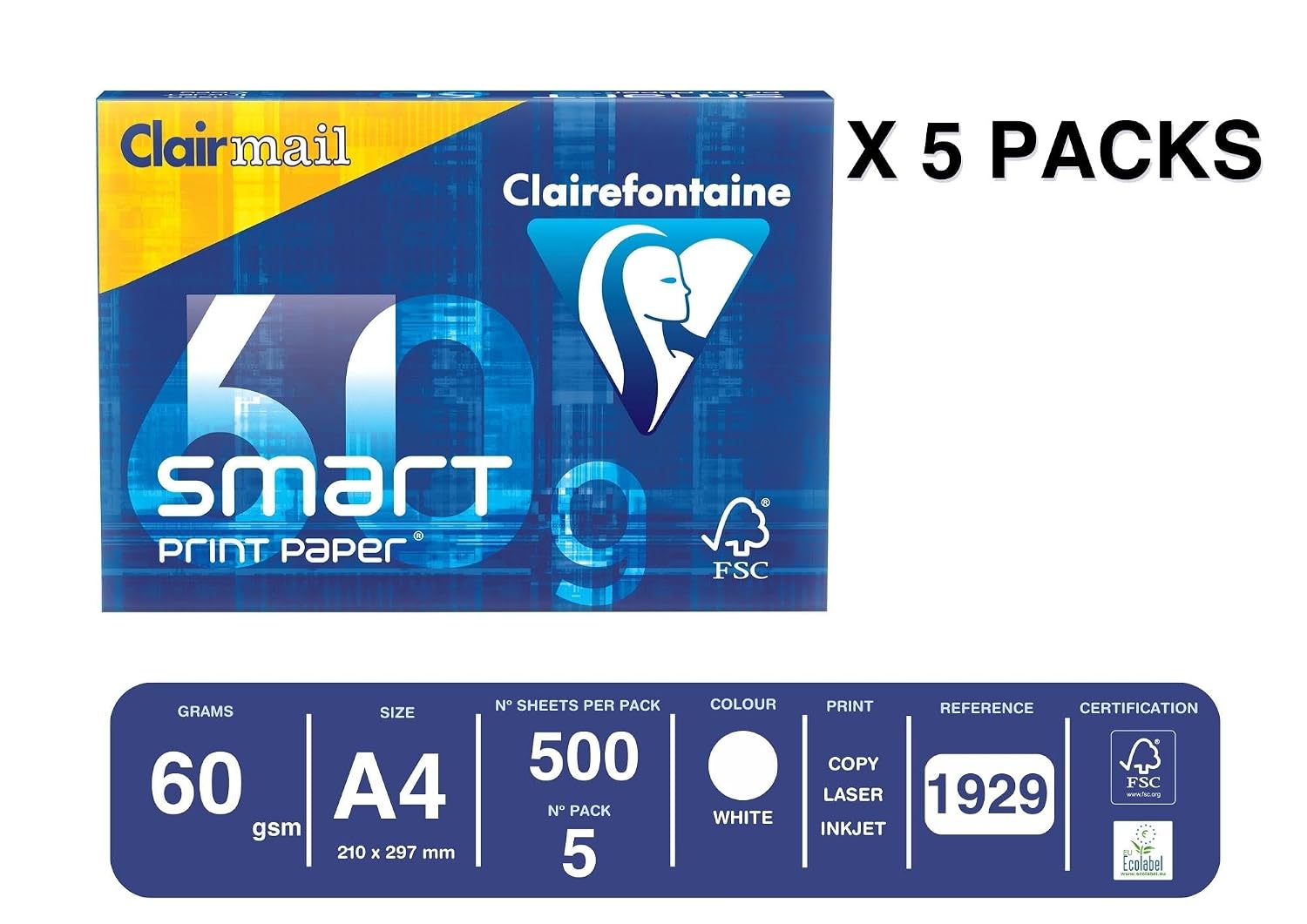 Clairefontaine - Réf. 1929C – 2500 feuilles de papier blanc au format A4 - Clairalfa 60 g/m² – Carton contenant 5 ramettes de 500 feuilles – Couleur : Blanc (171 CIE) – Image 2