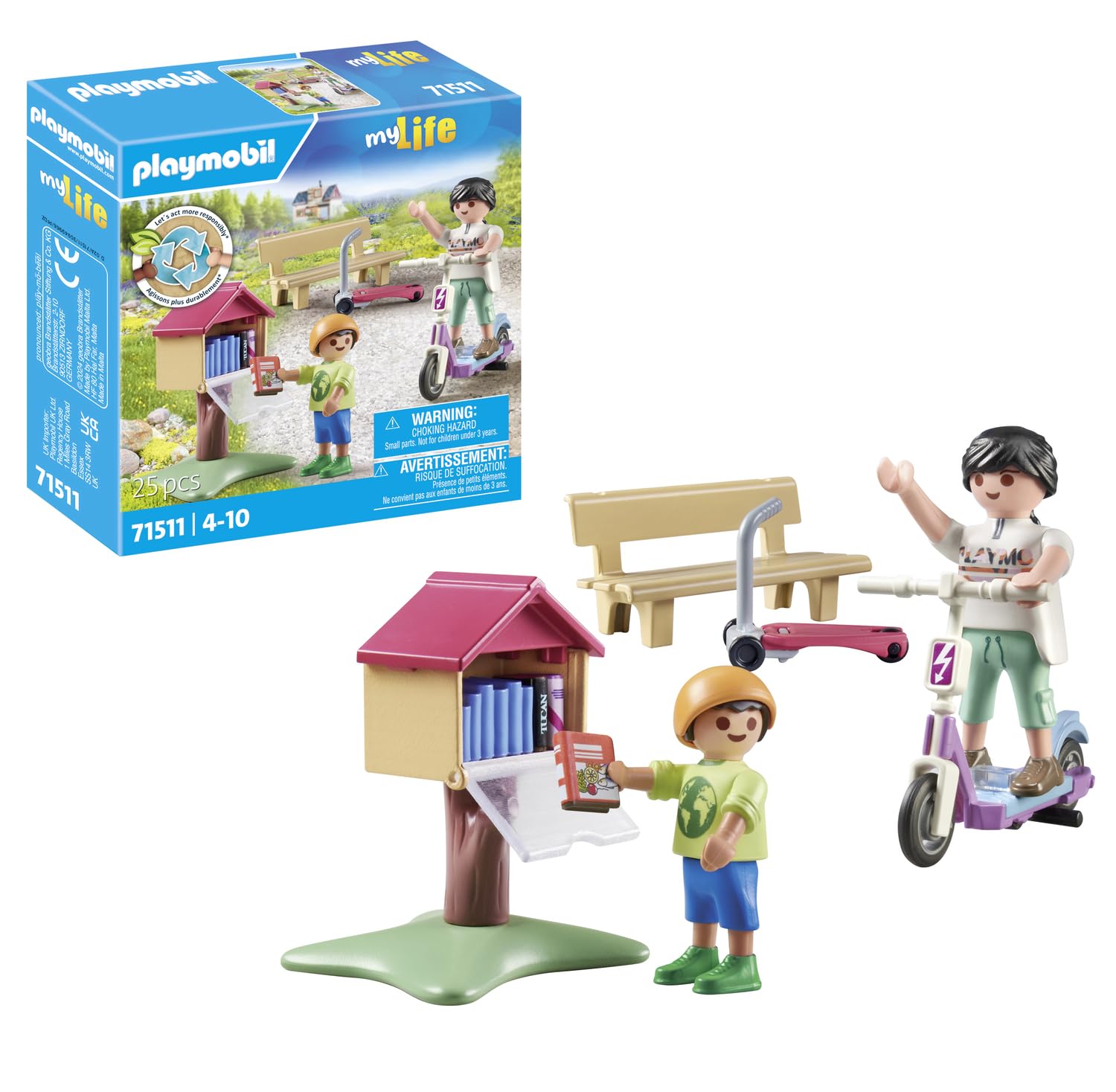 Playmobil 71511 Boîte à Livres avec Maman et Enfant, Mini bibliothèque - Gamme Tiny House fabriquée avec Plus de 80% de matériaux recyclés ou biosourcés en Moyenne - Univers myLife Dès 4 Ans