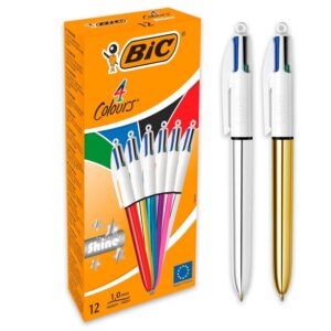 BIC 4 Couleurs Shine Stylos-Bille Rétractables Pointe Moyenne (1,0 mm) - Corps Assortis Métallisés, Boîte de 12
