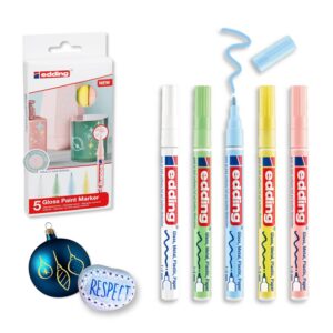 edding 751 Marqueur peinture brillante - blanc, jaune, vert, rose, bleu (pastel) - 5 feutres peinture brillante - pointe ronde 1-2mm - pour dessin, coloriage, scrapbooking - étanche, très opaque