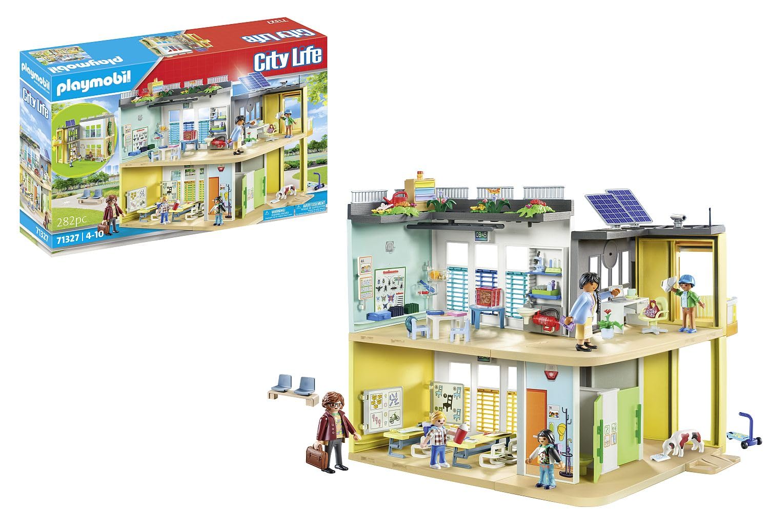 Playmobil 71327 Ecole aménagée - City Life - avec Six Personnages, Une école sur Deux étages avec Un Ascenseur, Une terrasse sur Le Toit et Un Chien - Dès 4 Ans