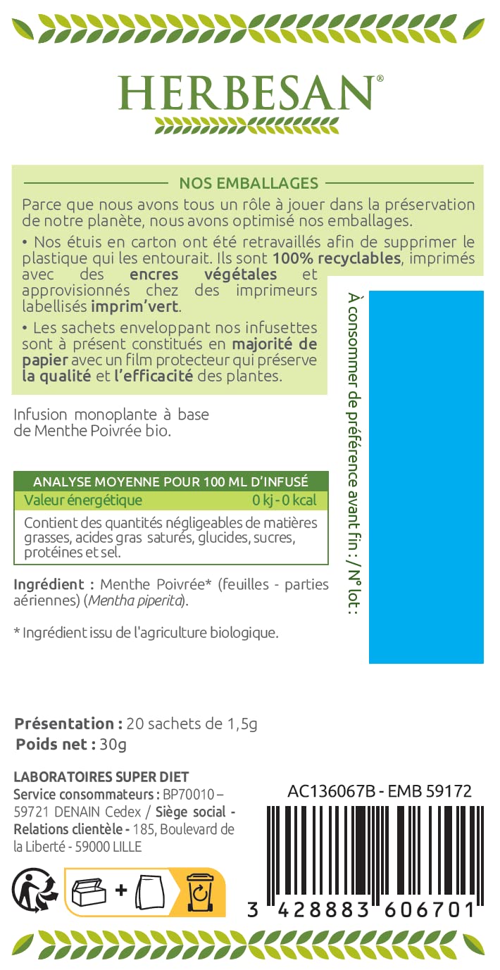 HERBESAN — Infusion bio menthe poivrée française 20 sachets – Image 5
