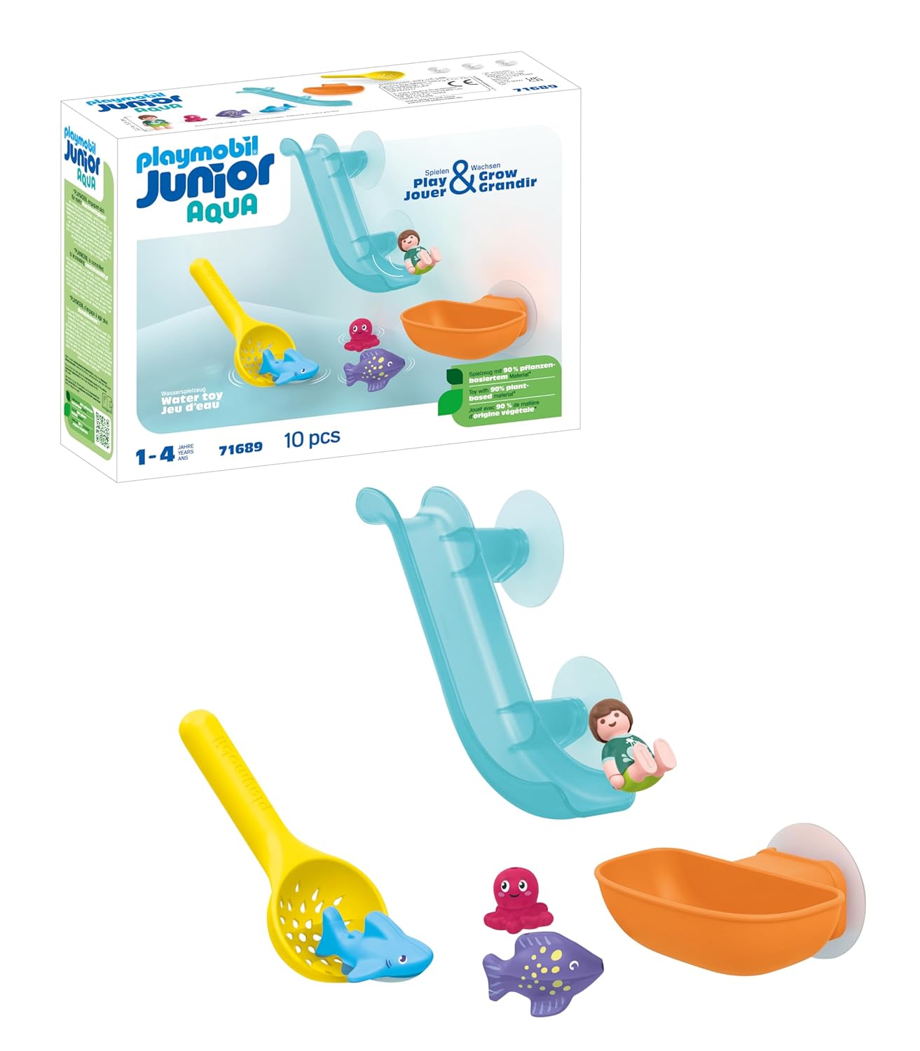 Playmobil 71689 Junior Aqua : Grand Toboggan Aquatique et Animaux Marins - incluant Un bébé Requin, des Poissons et Une Pieuvre - Jouet fabriqué à partir de matière d'origine végétale - Dès 12 Mois
