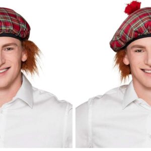 Boland - Beret Mister Tartan, bonnet avec cheveux, motif à carreaux, costume à carreaux, accessoire, carnaval, fête costumée