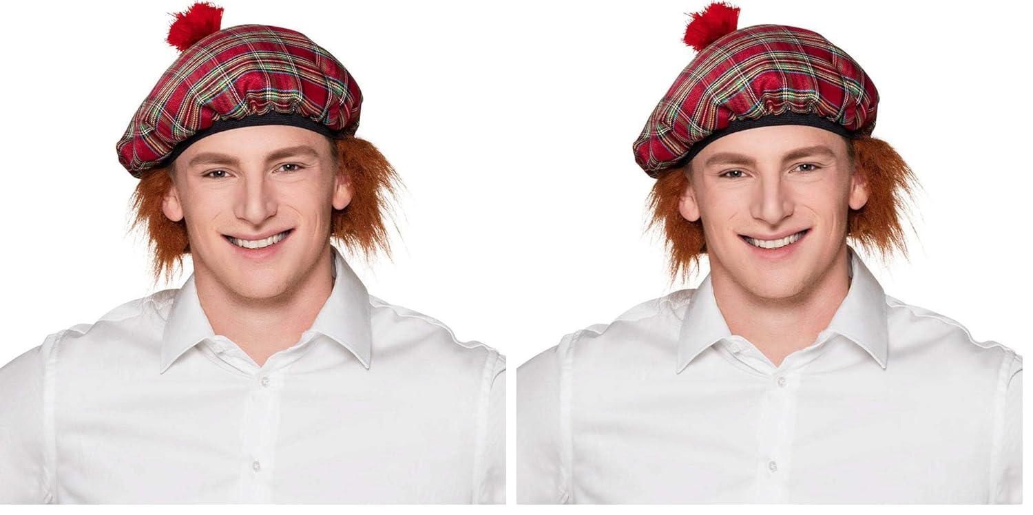 Boland - Beret Mister Tartan, bonnet avec cheveux, motif à carreaux, costume à carreaux, accessoire, carnaval, fête costumée