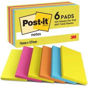 Post-it Notes Autocollantes, Couleurs Energetic, 6 Blocs, 100 Feuilles par Bloc, 76 mm x 127 mm, Jaune, Bleu, Orange, Rose, Vert - Feuillets Adhésifs pour Prise de Notes, Listes de Tâches et Rappels