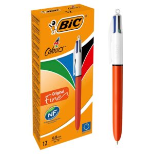 BIC 4 Couleurs Original Fine - Stylos-Bille Rétractables Pointe Fine (0,8 mm) - Certifié NF Environnement - Boite de 12