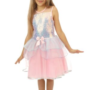 P’TIT CLOWN - Déguisement Licorne Fille - Robe, Serre-tête - Costume Princesse Enfant - Parfait pour Tenue Carnaval, Cosplay, Haloween Fêtes Costumées et Évènements à Thème (Rose, 7-9 ans)