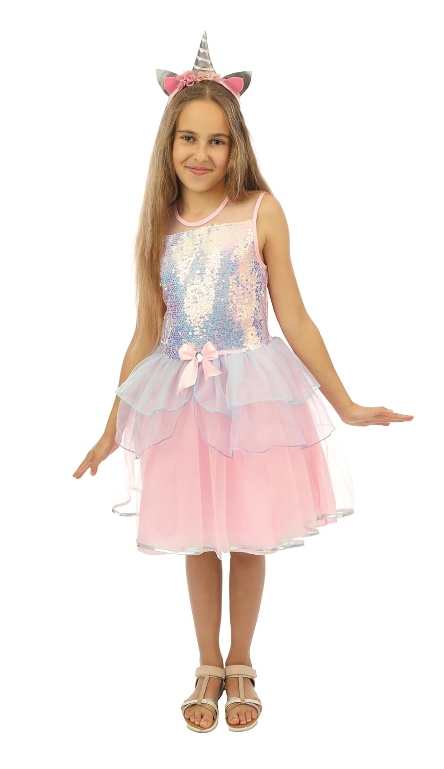 P’TIT CLOWN - Déguisement Licorne Fille - Robe, Serre-tête - Costume Princesse Enfant - Parfait pour Tenue Carnaval, Cosplay, Haloween Fêtes Costumées et Évènements à Thème (Rose, 7-9 ans)