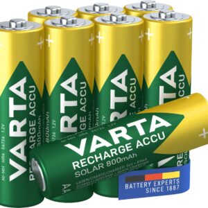 VARTA Piles AA, rechargeables, lot de 8, Recharge Accu Solar, 800 mAh Ni-MH, prêtes à l'emploi, développées pour les lampes solaires de jardin