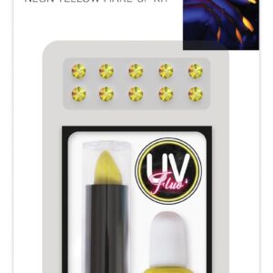 P'TIT CLOWN - Kit de Maquillage Fluorescent UV - Neon Make-UP Kit - 7ml Vernis à Ongles, 3,4 g Maquillage, 10 Strass - Glow in the Dark - Halloween, Carnaval, Anniversaire, Cosplay (Jaune)