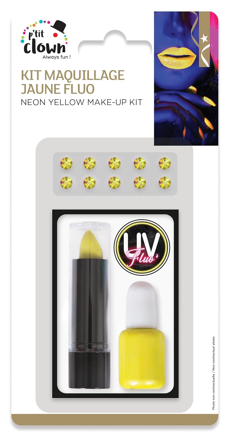 P'TIT CLOWN - Kit de Maquillage Fluorescent UV - Neon Make-UP Kit - 7ml Vernis à Ongles, 3,4 g Maquillage, 10 Strass - Glow in the Dark - Halloween, Carnaval, Anniversaire, Cosplay (Jaune)