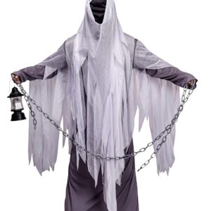 P'TIT CLOWN - Costume Spectre Adulte - Déguisement Fantôme Halloween Horreur - Robe Longue, Cagoule - Tenue Effrayante pour Fête, Soirée Déguisée, Carnaval ou Cosplay - Polyester - Gris (L-XL)