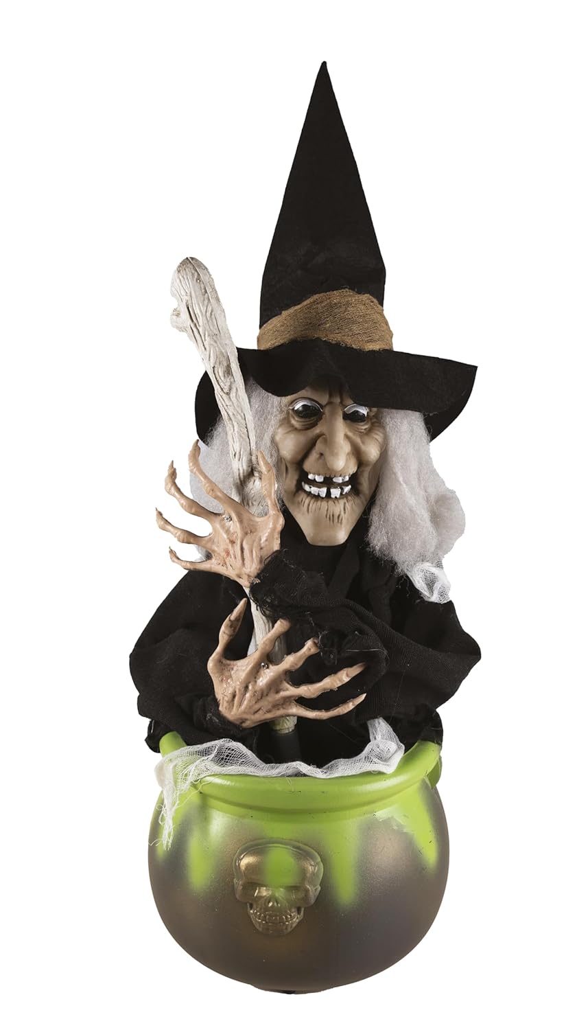 P'tit Clown Sélection Papeterie Varzi Depuis 1956 Halloween Animation Poupée Sorcière dans Le Chaudron avec Lumière et Son 40 cm