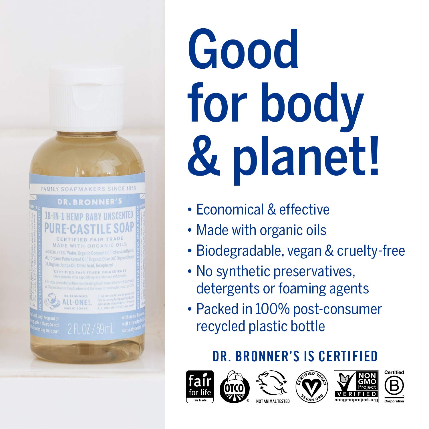 Dr. Bronner's Bébé Bio Savon Liquide Pure-Castile non Parfumé, 59 ml – Image 3