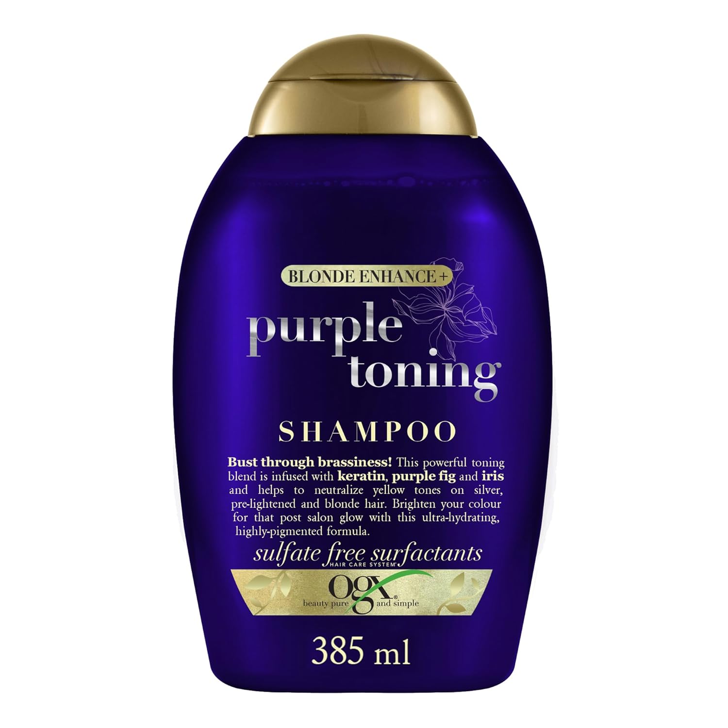 OGX Shampooing Purple Toning - 385 ml - Cheveux blonds naturels - Shampooing à la kératine, figue et iris, il neutralise les tons jaunes indésirables