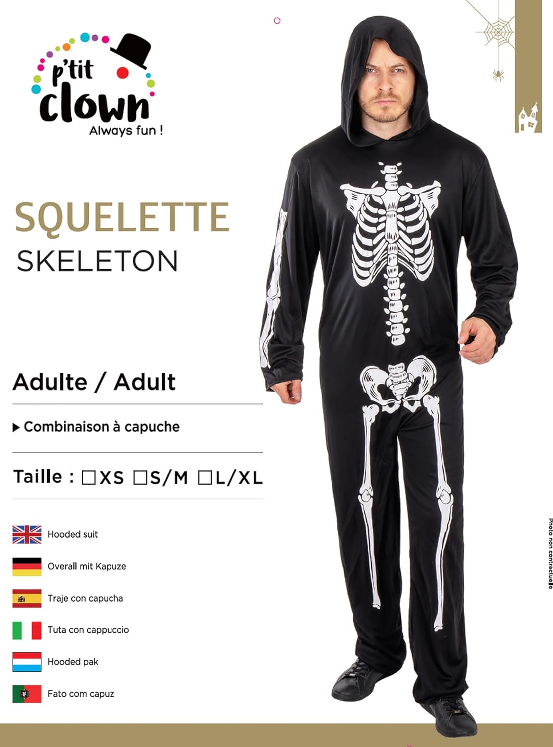 P'TIT CLOWN — Costume Squelette Adulte Noir XS – Image 4