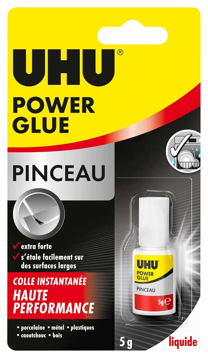 UHU Power Glue - Glue Extra-Forte avec Pinceau - Pour Tous Types de Supports - S'Etale Facilement Sur de Larges Surfaces - Résistante à L'eau - Transparente - Flacon avec Pinceau Applicateur 5 g
