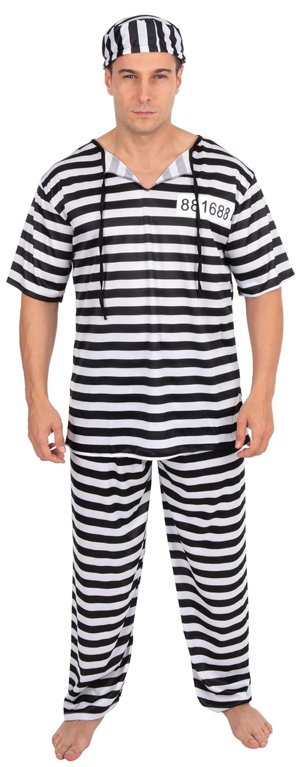 P’TIT CLOWN - Déguisement Bagnard - Costume Prisonnier Adulte Réaliste - Idéal pour Carnaval, Fêtes Costumées, Halloween, Cosplay, Évènements à Thème - Rayures Noir et Blanc - Polyester (L-XL)