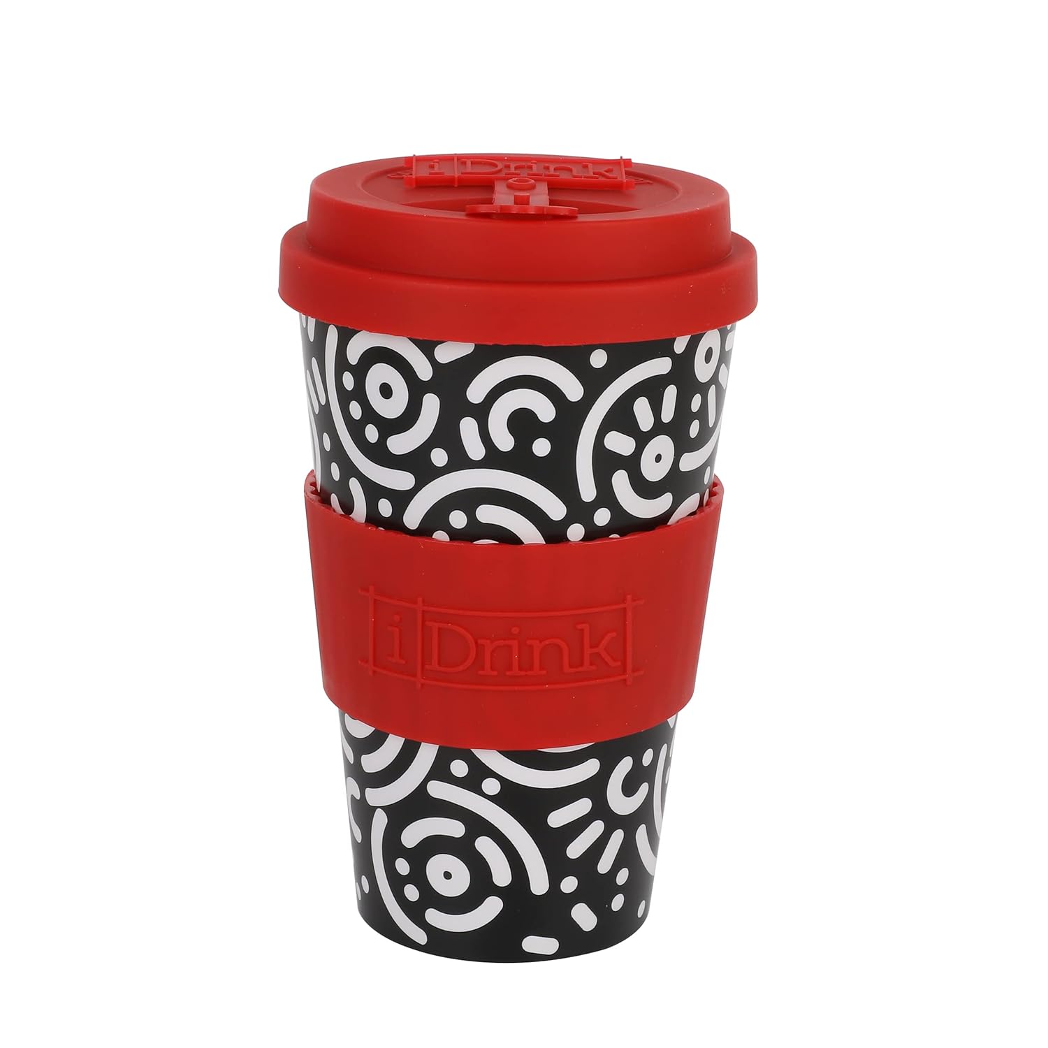IDRINK®- Tasse à café en RPET avec ouverture et bouchon en silicone, facile à transporter Tasse à emporter de 435 ml en plastique recyclé 8,7 x 8,7 x 15 cm 435 ml (Geometrique)