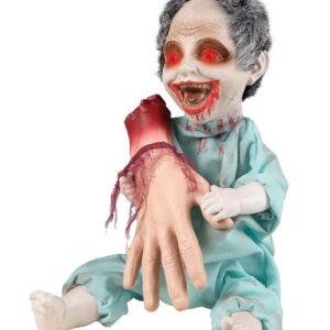 P'TIT CLOWN - Automate Halloween Animé Zombie - Animatronique - Animatronic - Sonore et Lumineux - Parfait pour Une Décoration Effrayante -Piles Non incluses (Zombie maniaque avec Main arraché, 30 cm)