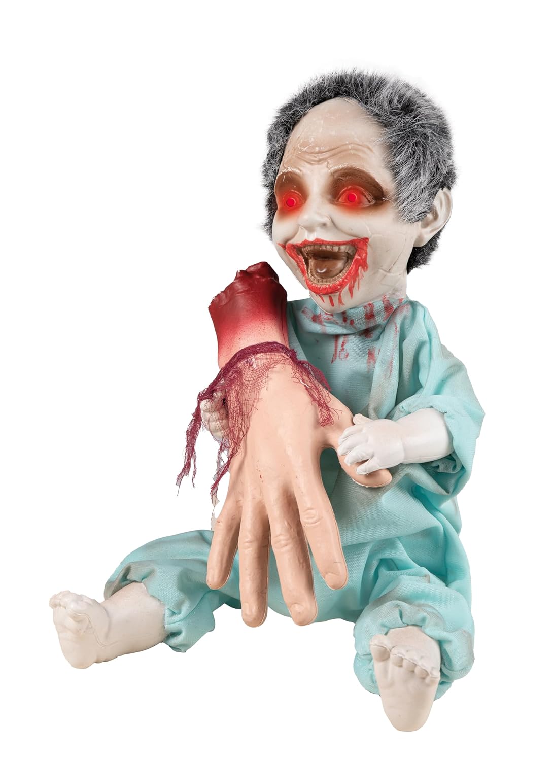P'TIT CLOWN - Automate Halloween Animé Zombie - Animatronique - Animatronic - Sonore et Lumineux - Parfait pour Une Décoration Effrayante -Piles Non incluses (Zombie maniaque avec Main arraché, 30 cm)