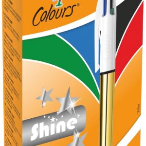 BIC 4 Couleurs Shine Stylos-Bille Rétractables Pointe Moyenne (1.0 mm) - Corps Doré Métallisé, Boite de 12