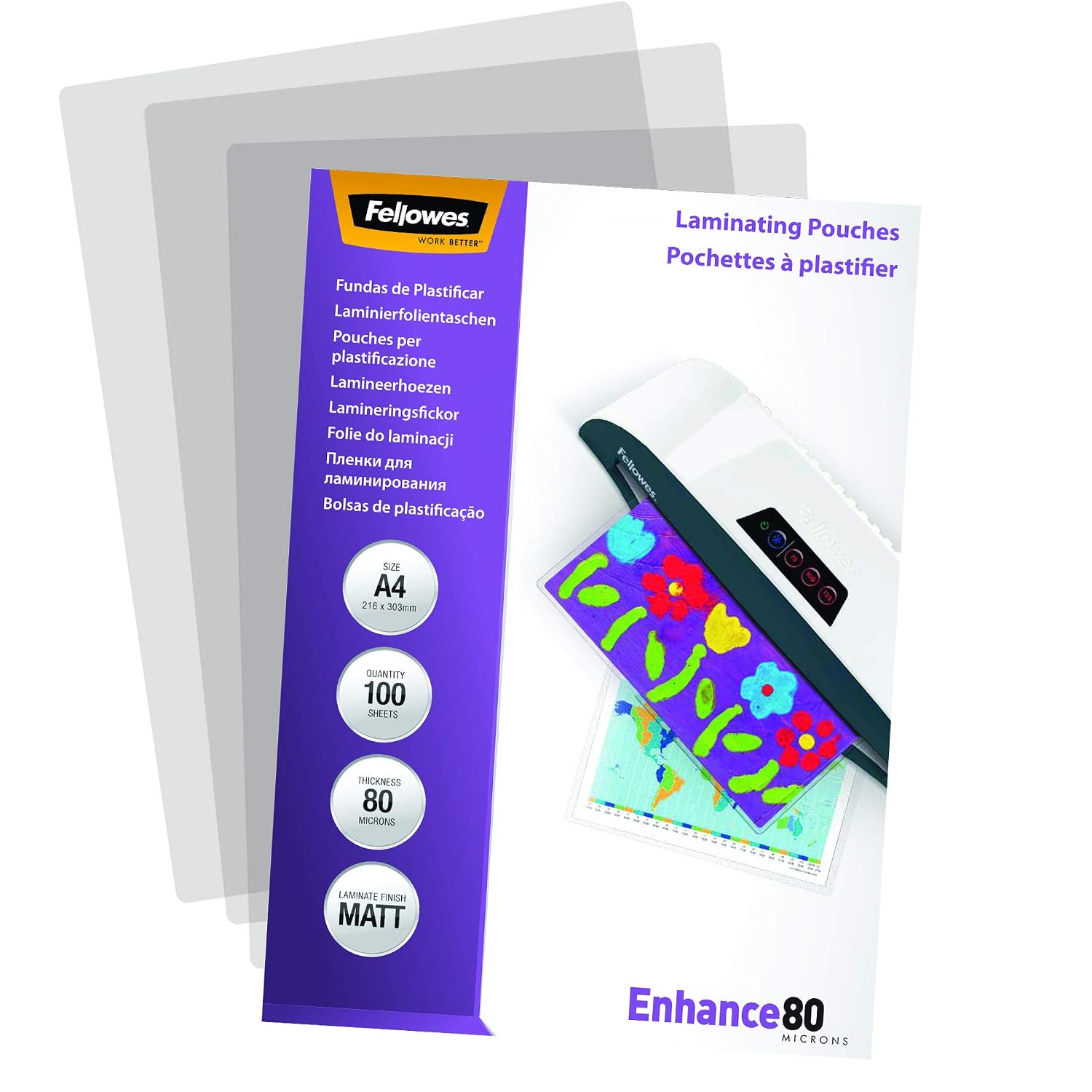 Pochettes de plastification Fellowes au format A4, 80 microns, Pack de 100 Feuilles à plastifier, Finition Mate et de Haute Qualité, Idéal pour les photos et affiches – Image 3
