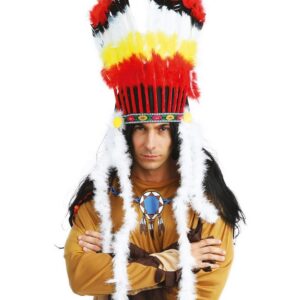 P'tit Clown - 26300 - Coiffe Indien Rouge Et Jaune avec Marabouts - Taille Unique