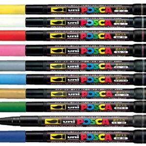 Uni Posca PCF-350 Assortiment de 10 marqueurs à peinture Pour le verre / plastique / bois / métal / tissu 10 couleurs Touffe de 0,1-10 mm