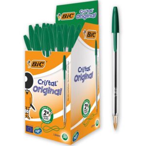 BIC Cristal Original Stylos-Bille Pointe Moyenne (1,0 mm) - Parfait pour l'Ecole et au Bureau - Vert, Boîte de 50