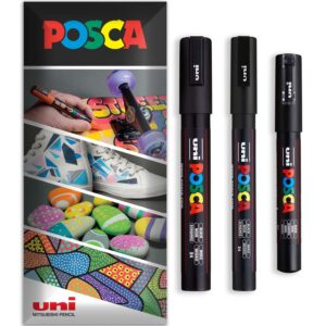Posca Lot de 3 marqueurs permanents à base d'eau - Utilisation multi-surfaces - PC-1M, PC-3M, PC-5M - Lot de 3 stylos dans un étui (noir)