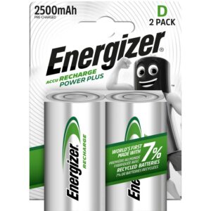 Energizer Recharge Power Plus - Pile D Rechargeable (Lot de 2) - 2500 mAh NiMH - pré-chargées - Puissance Longue durée - Emballage 100% Recyclable et sans Plastique