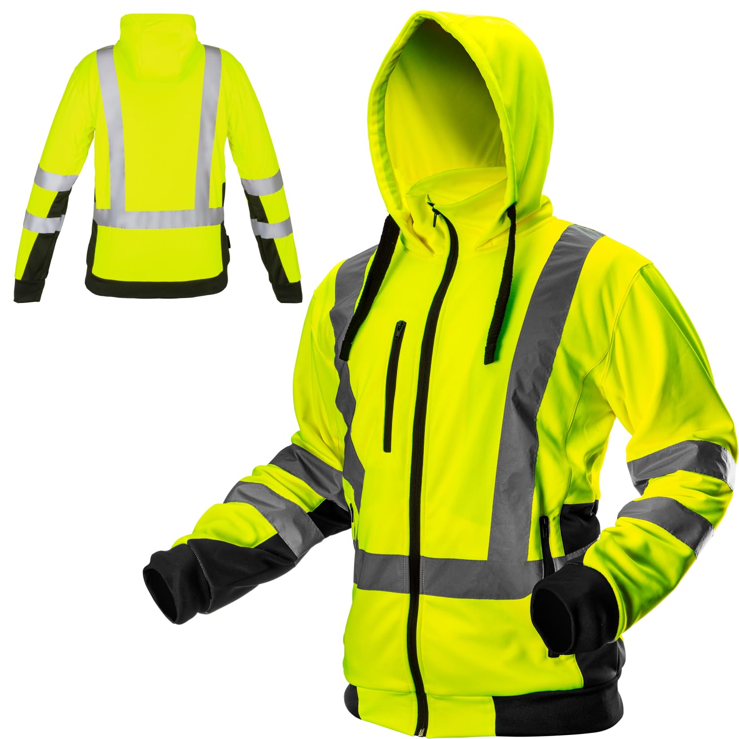 NEO TOOLS - Veste de sécurité pour hommes - Col montant - Avec capuche - Manches longues - Doublure intérieure en polaire 240 g/m² - 100 % polyester - Avec bandes réfléchissantes, jaune, XXL