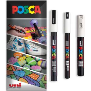 Posca - Stylo-peinture marqueur permanent à base d'eau - Utilisation sur plusieurs surfaces - PC-1MR, PC-1M, PC-3M - Lot de 3 stylos dans un étui (Blanc)