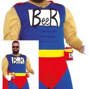 FIESTAS GUIRCA | Costume Beerman Adulte (48-50/M) - Cape, Ceinture, Combinaison et Porte-Lattés - Costumes de Super-Héros pour Enterrement de Vie de Garçon - Homme - Bleu et Rouge