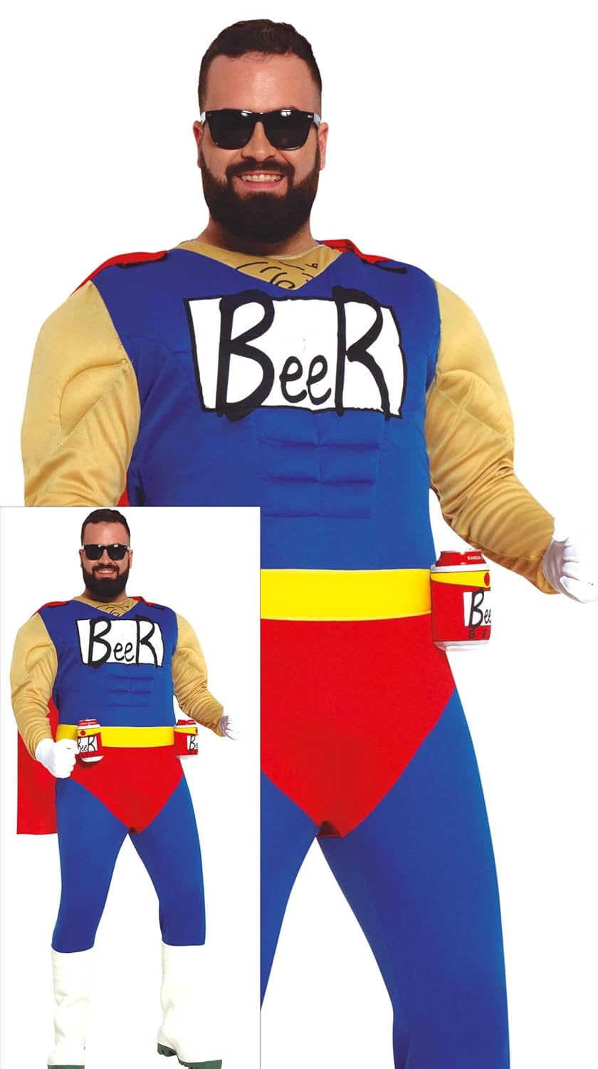 FIESTAS GUIRCA | Costume Beerman Adulte (52-54/L) - Cape, Ceinture, Combinaison et Porte-Lattés - Costumes de Super-Héros pour Enterrement de Vie de Garçon - Homme - Bleu et Rouge