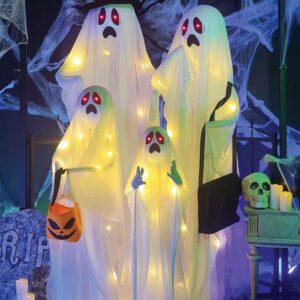 P'tit Clown - 24064 - Décoration Halloween Famille de 4 Fantômes - Sonore et Lumineux - Décoration Effrayante - Piles (12xAA) Non incluses - 160cm